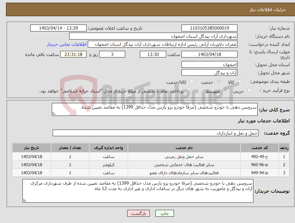 تصویر کوچک آگهی نیاز انتخاب تامین کننده-سرویس دهی با خودرو شخصی (صرفا خودرو پژو پارس مدل حداقل 1399) به مقاصد تعیین شده