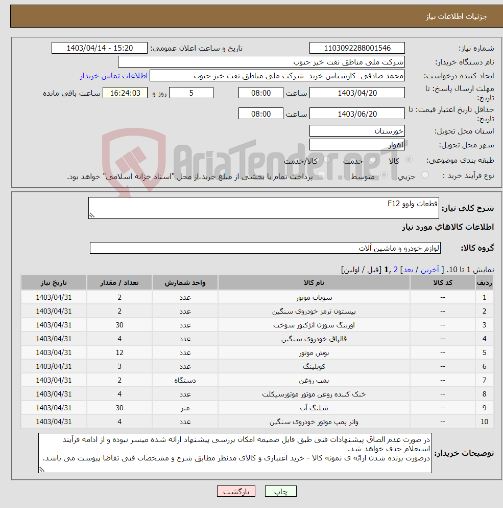 تصویر کوچک آگهی نیاز انتخاب تامین کننده-قطعات ولوو F12