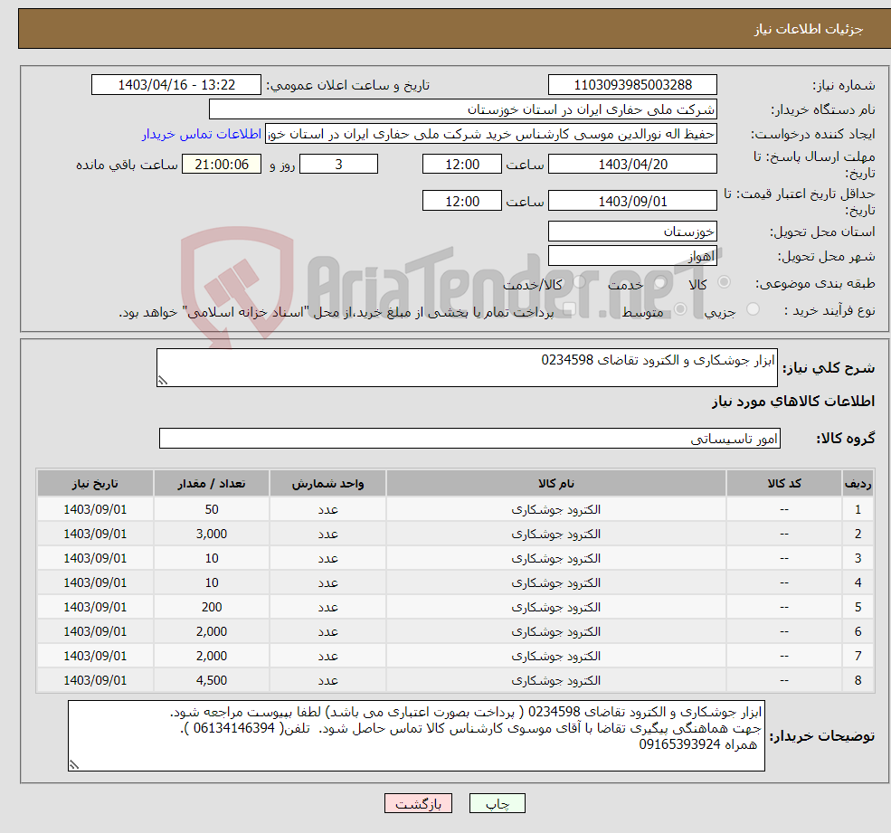 تصویر کوچک آگهی نیاز انتخاب تامین کننده-ابزار جوشکاری و الکترود تقاضای 0234598