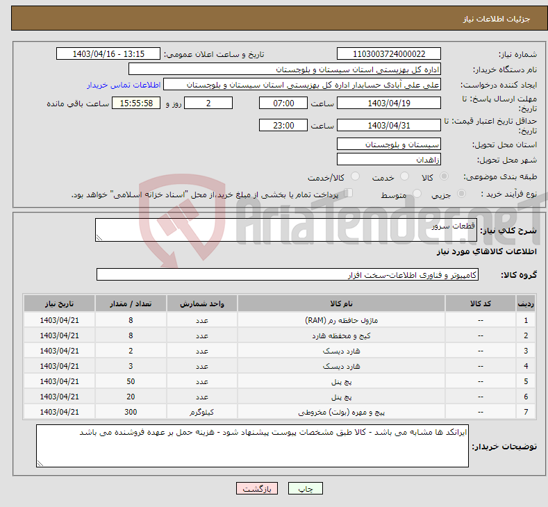 تصویر کوچک آگهی نیاز انتخاب تامین کننده-قطعات سرور