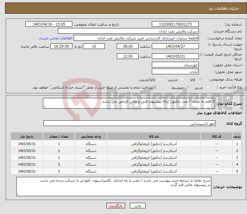 تصویر کوچک آگهی نیاز انتخاب تامین کننده-5 قلم به تعداد 7 عدد دتکتور/ ارائه پیشنهاد فنی و مالی الزامی می باشد