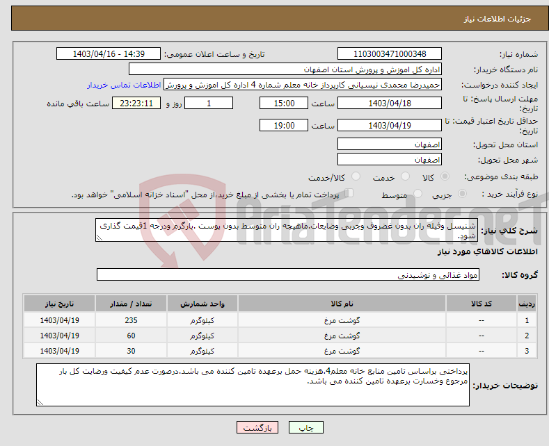 تصویر کوچک آگهی نیاز انتخاب تامین کننده-شنیسل وفیله ران بدون غضروف وچربی وضایعات.ماهیچه ران متوسط بدون پوست .بارگرم ودرجه 1قیمت گذاری شود.