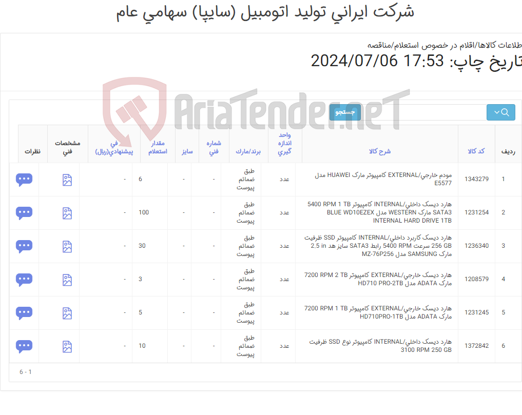 تصویر کوچک آگهی 6 آیتم هارد و مودم(طبق مشخصات فنی پیوست)