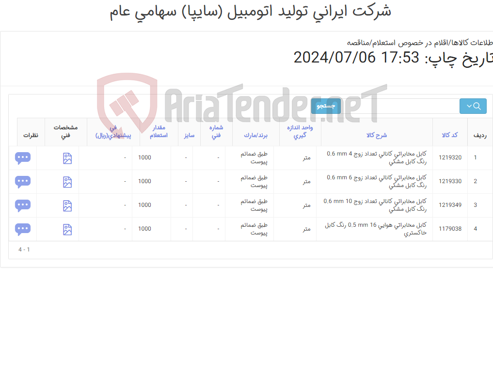 تصویر کوچک آگهی 4 آیتم کابل مخابراتی(طبق ضمائم پیوست/برند کرمان// بصورت قرقره 100 متری