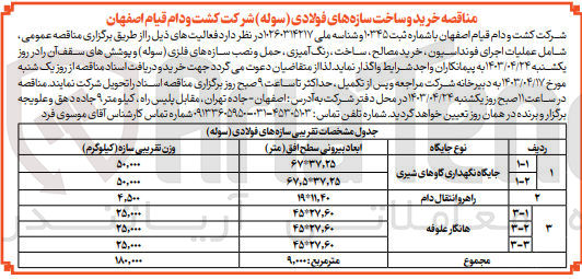 تصویر کوچک آگهی عملیات اجرای فونداسیون ، خرید مصالح ساخت ، رنگ آمیزی ، حمل و نصب سازه های فلزی (سوله) و پوشش های سقف آن