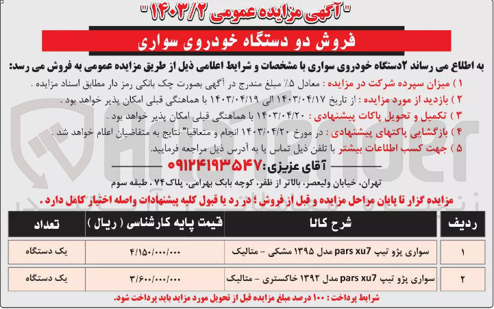 تصویر کوچک آگهی فروش دو دستگاه خودروی سواری پژو پارس