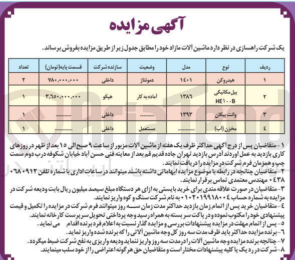 تصویر کوچک آگهی فروش ماشین آلات مازاد:
هیدروکن -بیل مکانیکی -وانت پیکان -مخزن آب