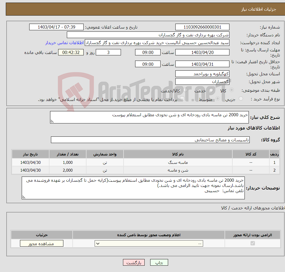 تصویر کوچک آگهی نیاز انتخاب تامین کننده-خرید 2000 تن ماسه بادی رودخانه ای و شن نخودی مطابق استعلام پیوست