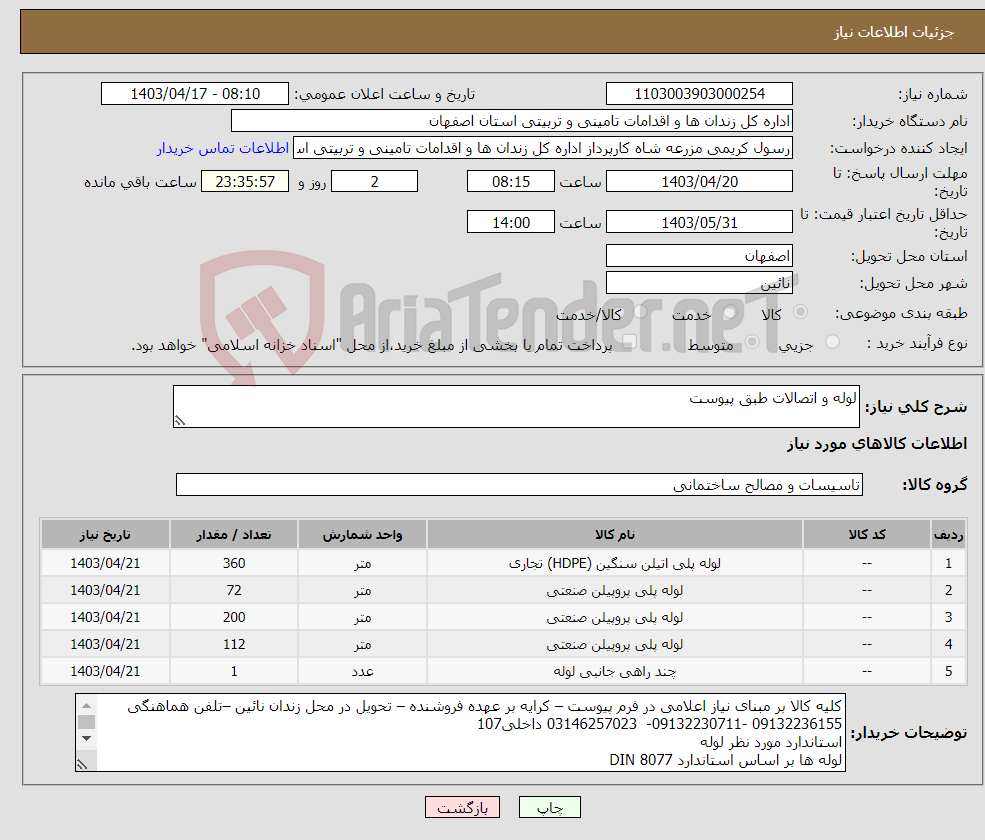 تصویر کوچک آگهی نیاز انتخاب تامین کننده-لوله و اتصالات طبق پیوست