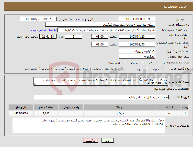 تصویر کوچک آگهی نیاز انتخاب تامین کننده-خودکار بیک و18قلم دیگر طبق لیست پیوست هزینه حمل به عهده تامین کننده می باشد شمار ه تماس 09171483539افزا