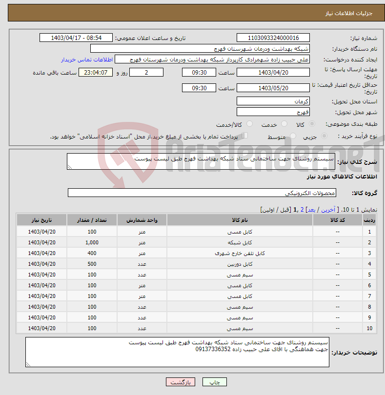 تصویر کوچک آگهی نیاز انتخاب تامین کننده-سیستم روشنای جهت ساختمانی ستاد شبکه بهداشت فهرج طبق لیست پیوست