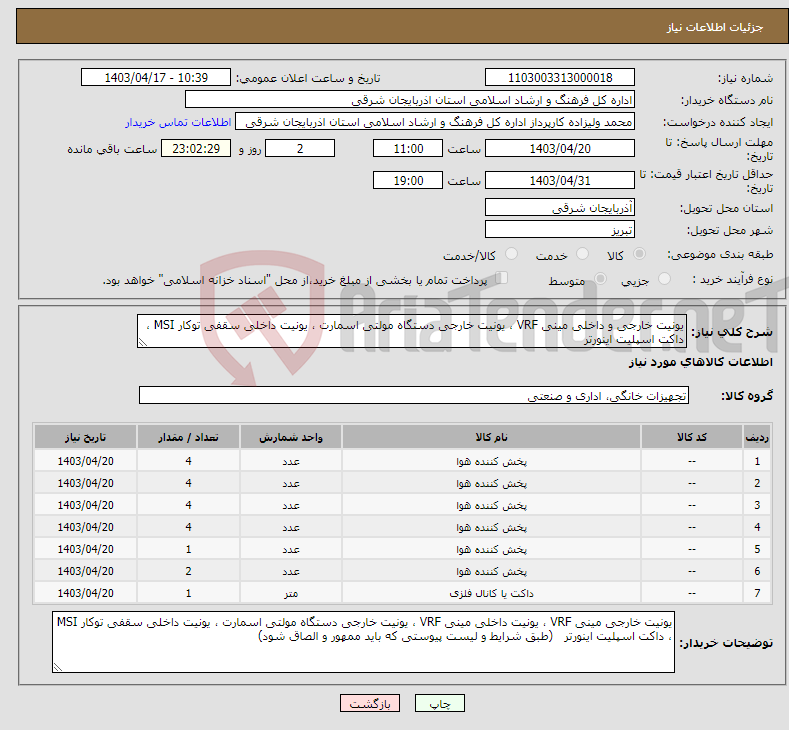 تصویر کوچک آگهی نیاز انتخاب تامین کننده-یونیت خارجی و داخلی مینی VRF ، یونیت خارجی دستگاه مولتی اسمارت ، یونیت داخلی سقفی توکار MSI ، داکت اسپلیت اینورتر