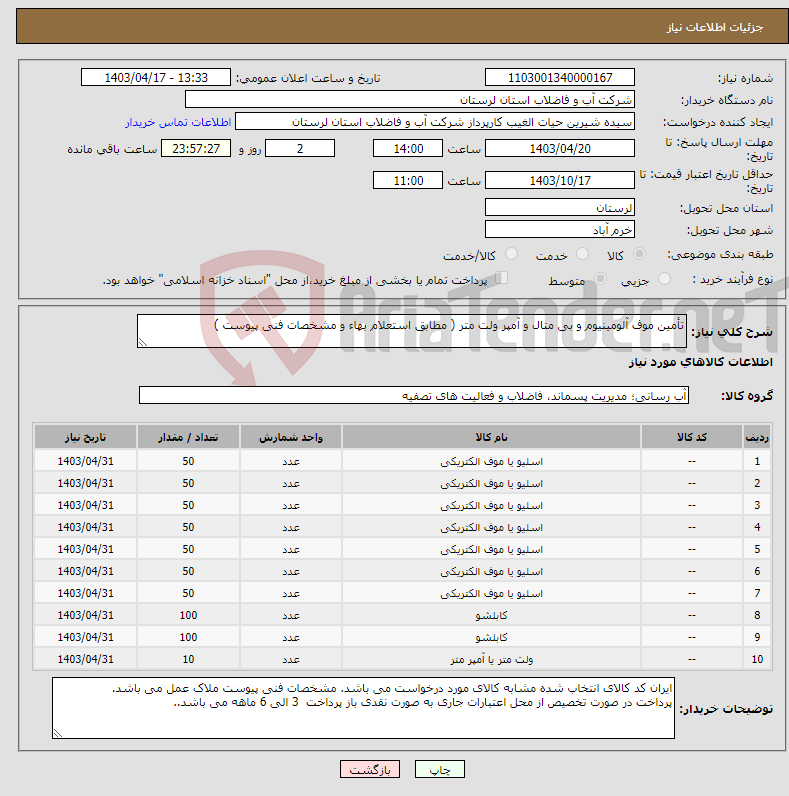 تصویر کوچک آگهی نیاز انتخاب تامین کننده-تأمین موف آلومینیوم و بی متال و آمپر ولت متر ( مطابق استعلام بهاء و مشخصات فنی پیوست )