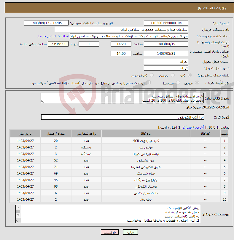 تصویر کوچک آگهی نیاز انتخاب تامین کننده-خرید تجهیزات برقی مطابق پیوست ردیف 26 ابعاد تابلو 80 در 100 در 20 است