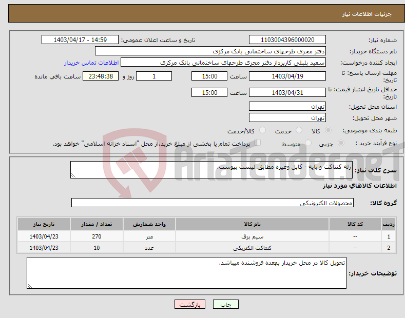 تصویر کوچک آگهی نیاز انتخاب تامین کننده-رله کنتاکت و پایه - کابل وغیره مطابق لیست پیوست.