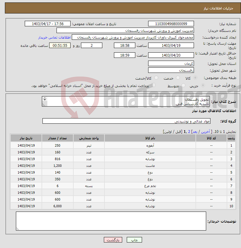 تصویر کوچک آگهی نیاز انتخاب تامین کننده-تحویل رفسنجان تاییدیه کارشناس فنی پرداخت 20 روزه حتما به برند ها و حجم توجه شود