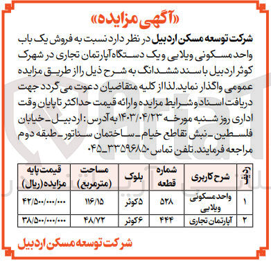 تصویر کوچک آگهی  فروش یک باب واحد مسکونی ویلایی و یک دستگاه آپارتمان تجاری در شهرک کوثر اردبیل با سند ششدانگ