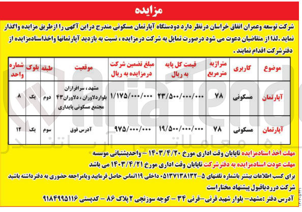 تصویر کوچک آگهی فروش دو دستگاه آپارتمان مسکونی 
