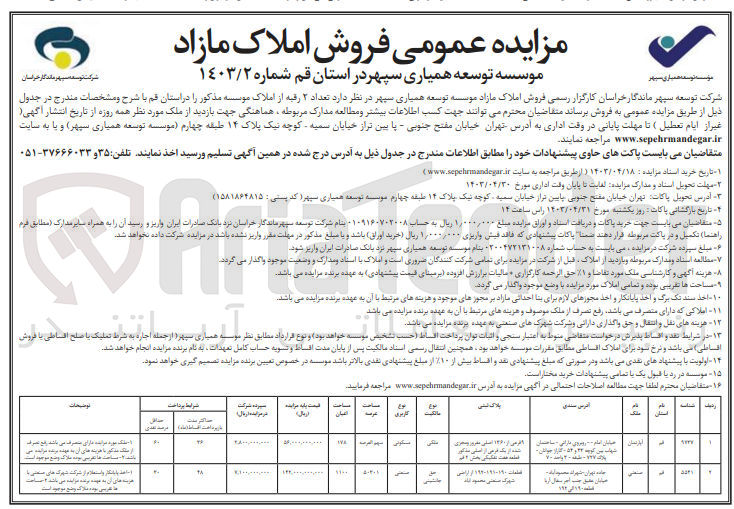 تصویر کوچک آگهی فروش املاک مازاد موسسه توسعه همیاری سپهر به تعداد 2 رقبه از املاک خود 