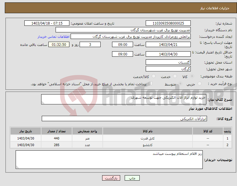 تصویر کوچک آگهی نیاز انتخاب تامین کننده-خرید لوازم ابزار آلات الکتریکی جهت توسعه شهری 