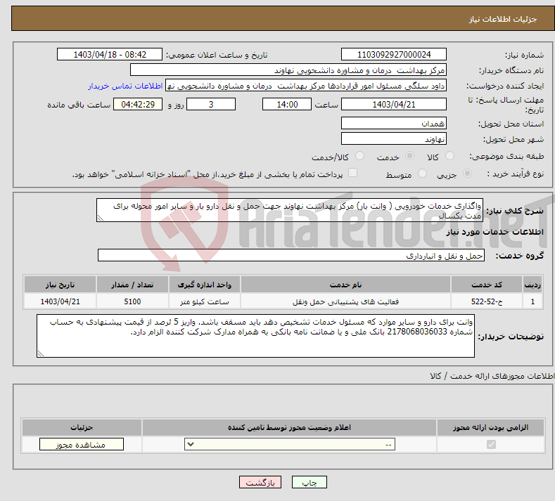 تصویر کوچک آگهی نیاز انتخاب تامین کننده-واگذاری خدمات خودرویی ( وانت بار) مرکز بهداشت نهاوند جهت حمل و نقل دارو بار و سایر امور محوله برای مدت یکسال