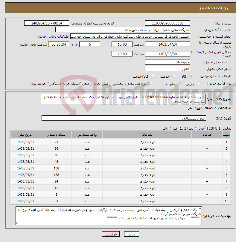 تصویر کوچک آگهی نیاز انتخاب تامین کننده-شرح کالا لوله ها شماره تقاضا 0209648095 طبق فایل پیوست . توجه: ایران کد مشابه می باشد حتما به فایل پیوست مراجعه شود.