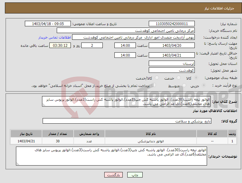 تصویر کوچک آگهی نیاز انتخاب تامین کننده-الواتور تیغه راست(30عدد)، الواتور پاشنه کش چپ(3عدد)،الواتور پاشنه کش راست(3عدد)،الواتور پریوس سایز های مختلف(6عدد).آی مد الزامی می باشد.