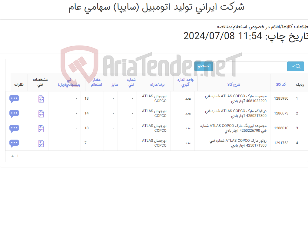 تصویر کوچک آگهی تأمین چهار ردیف اقلام یدکی آچار بادی