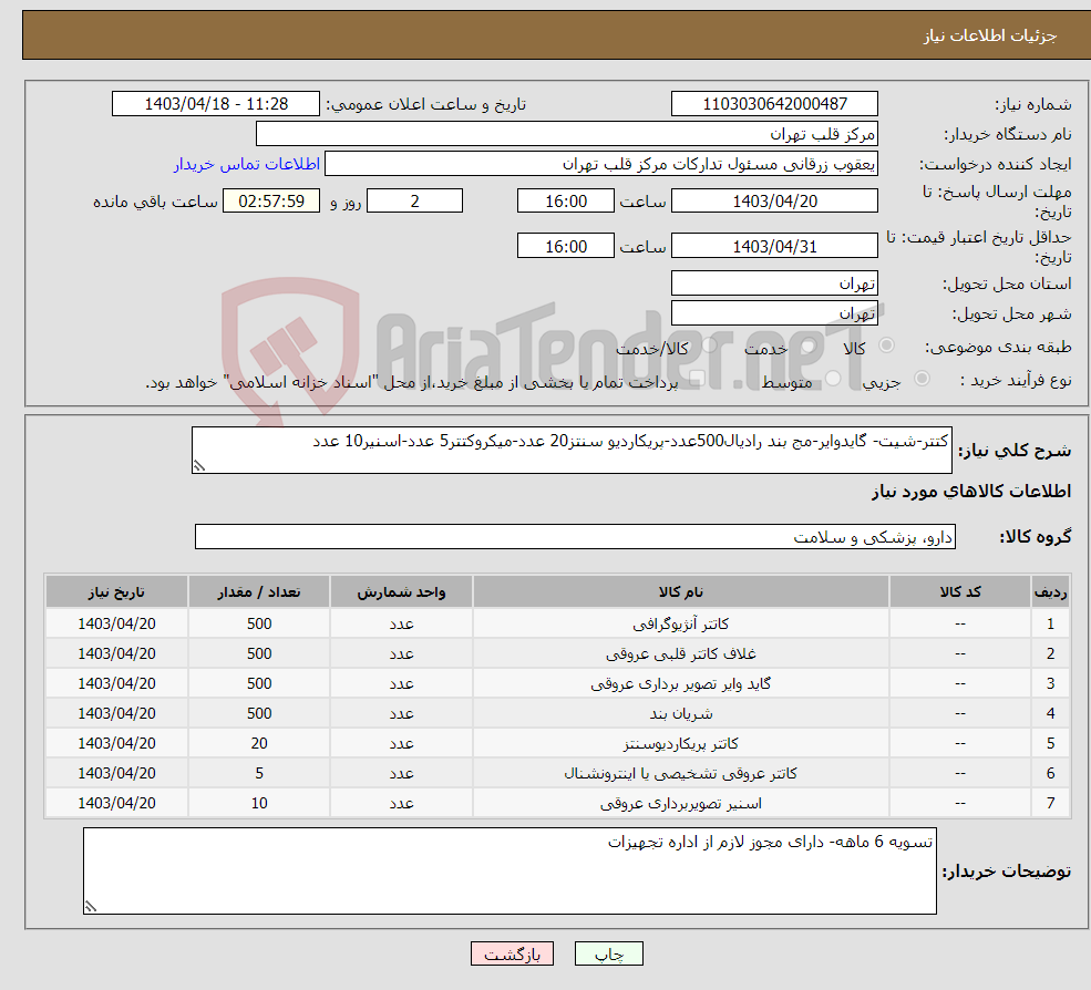 تصویر کوچک آگهی نیاز انتخاب تامین کننده-کتتر-شیت- گایدوایر-مج بند رادیال500عدد-پریکاردیو سنتز20 عدد-میکروکتتر5 عدد-اسنیر10 عدد