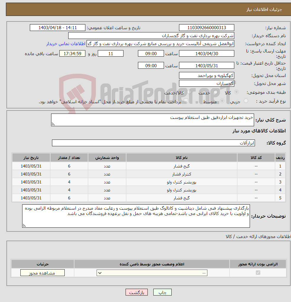 تصویر کوچک آگهی نیاز انتخاب تامین کننده-خرید تجهیزات ابزاردقیق طبق استعلام پیوست
