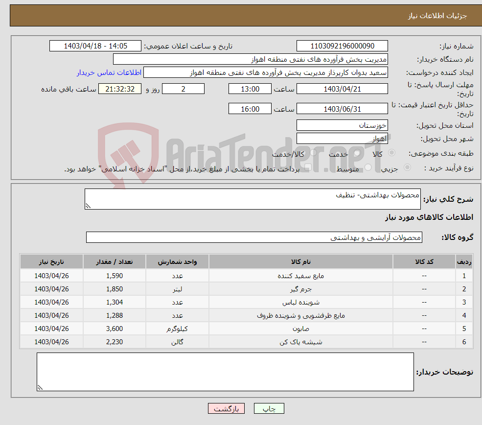 تصویر کوچک آگهی نیاز انتخاب تامین کننده-محصولات بهداشتی- تنظیف