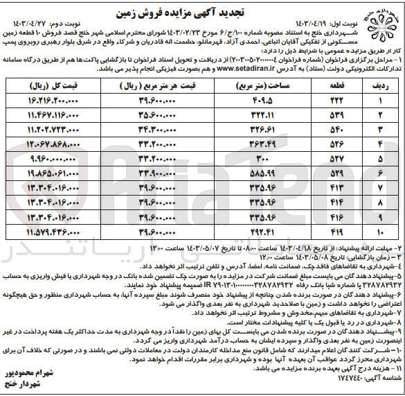 تصویر کوچک آگهی فروش 10 قطعه زمین مسکونی از تفکیکی آقایان اتباعی- احمدی آزاد-قهرمانلو-حشمت اله قادریان و شرکا واقع در شرق بلوار رهبری روبروی پمپ گاز