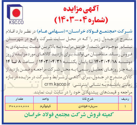 تصویر کوچک آگهی فروش سرباره فولادی به مقدار 300/000/000 کلیوگرم