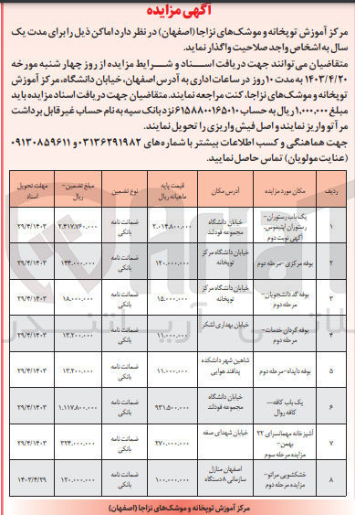 تصویر کوچک آگهی واگذاری اماکن در 8ردیف به مدت یکسال 