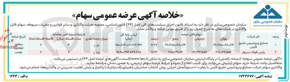 تصویر کوچک آگهی واگذاری سهام صنایع پتروشیمی خلیج فارس و پارس فولاد سبزاوار