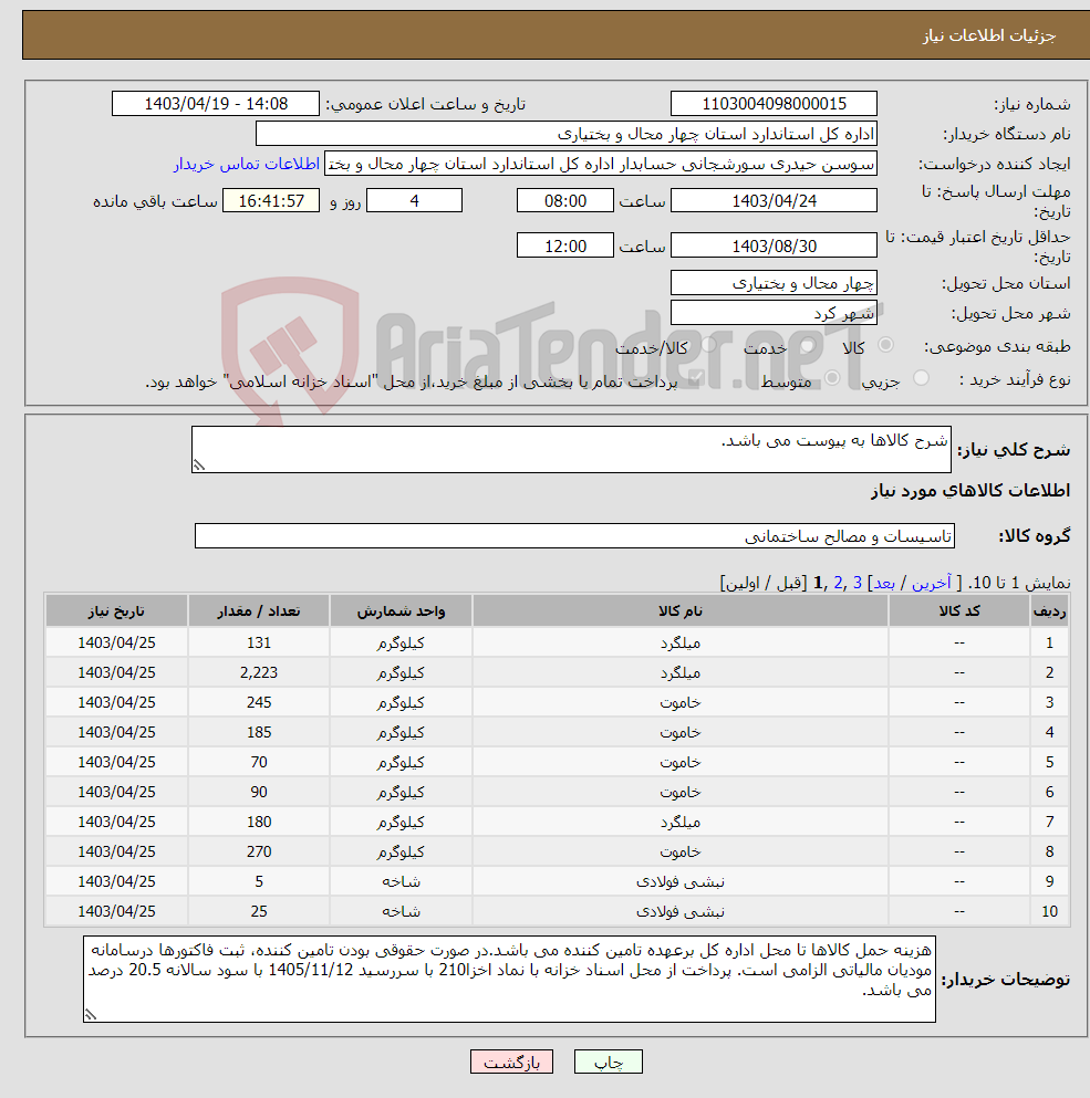 تصویر کوچک آگهی نیاز انتخاب تامین کننده-شرح کالاها به پیوست می باشد.