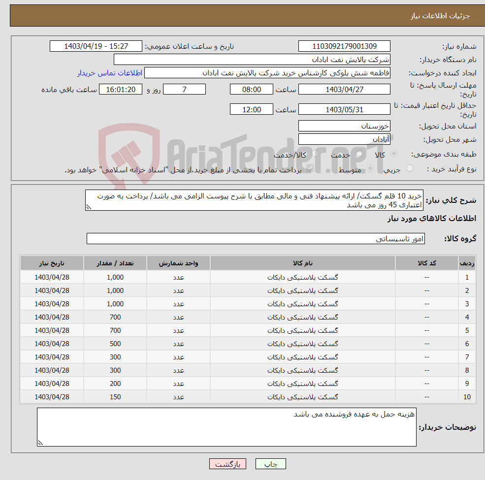 تصویر کوچک آگهی نیاز انتخاب تامین کننده-خرید 10 قلم گسکت/ ارائه پیشنهاد فنی و مالی مطابق با شرح پیوست الزامی می باشد/ پرداخت به صورت اعتباری 45 روز می باشد
