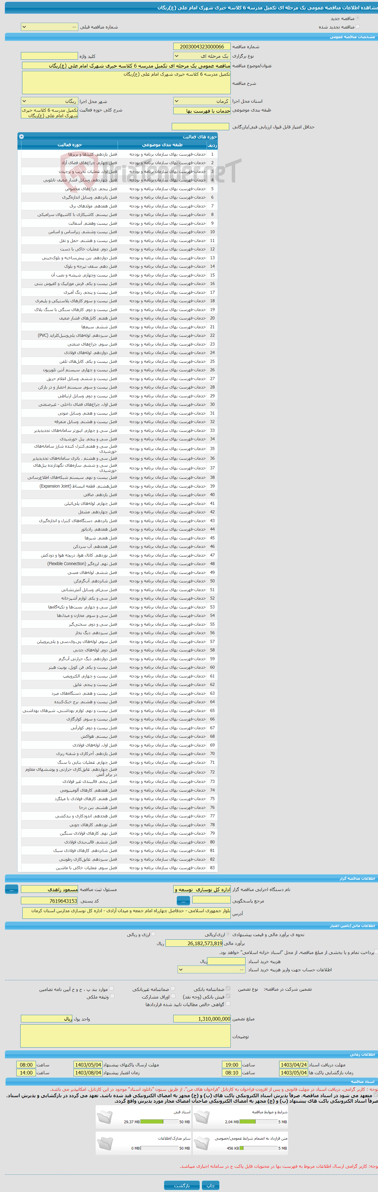 تصویر کوچک آگهی مناقصه عمومی یک مرحله ای تکمیل مدرسه 6 کلاسه خیری شهرک امام علی (ع)ریگان