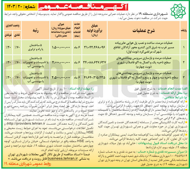 تصویر کوچک آگهی عملیات مرمت ساخت و نصب پل هوایی عابر پیاده مسیر غرب به شرق لاین کندرو محور آزادگان تقاطع شهرک مرتضی گرد
