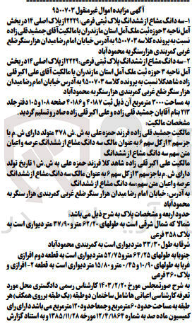تصویر کوچک آگهی پرونده اجرایی :9500703
فروش سه دانگ مشاع از ششدانگ پلاک ثبتی2229