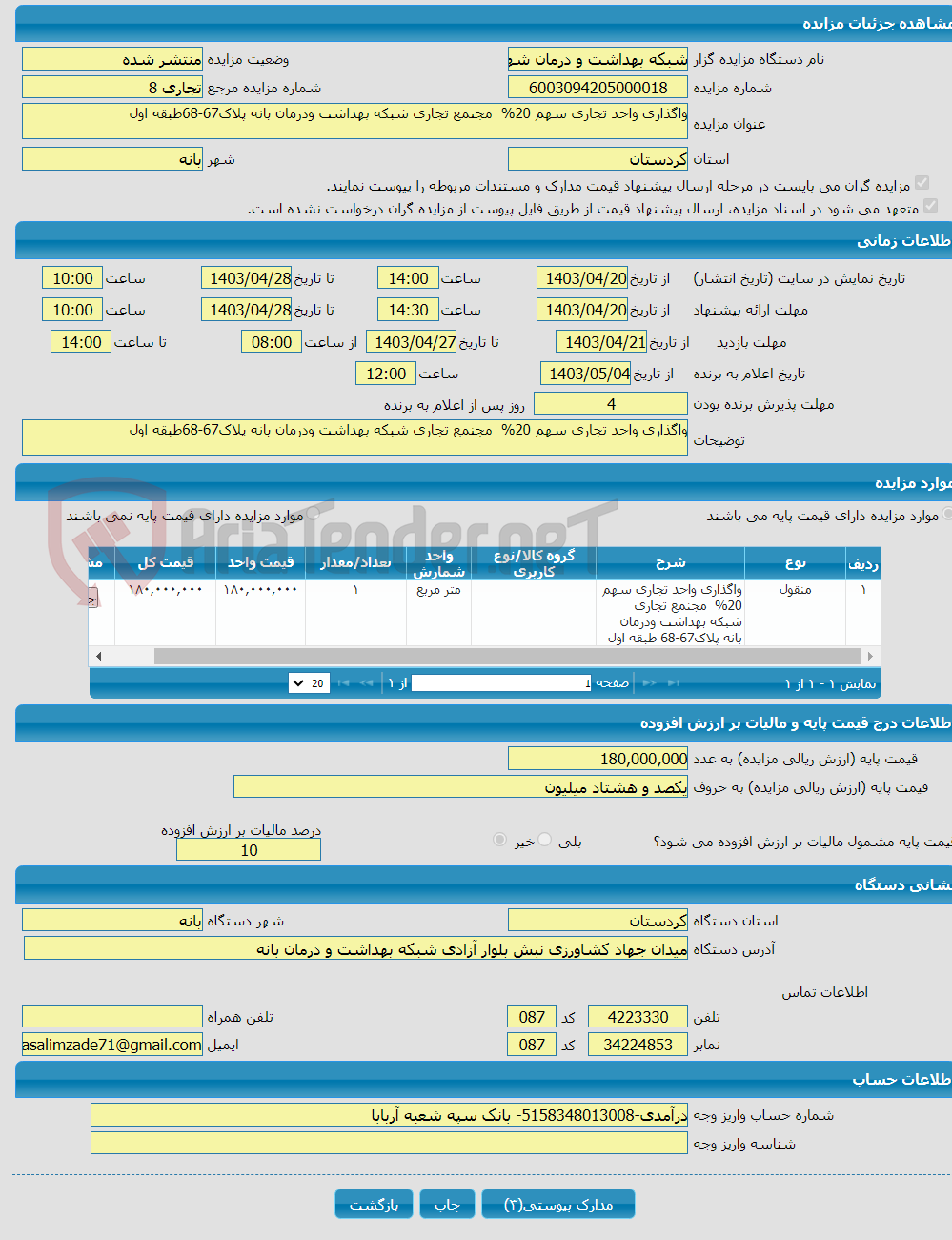 تصویر کوچک آگهی واگذاری واحد تجاری سهم 20% مجنمع تجاری شبکه بهداشت ودرمان بانه پلاک67-68طبقه اول