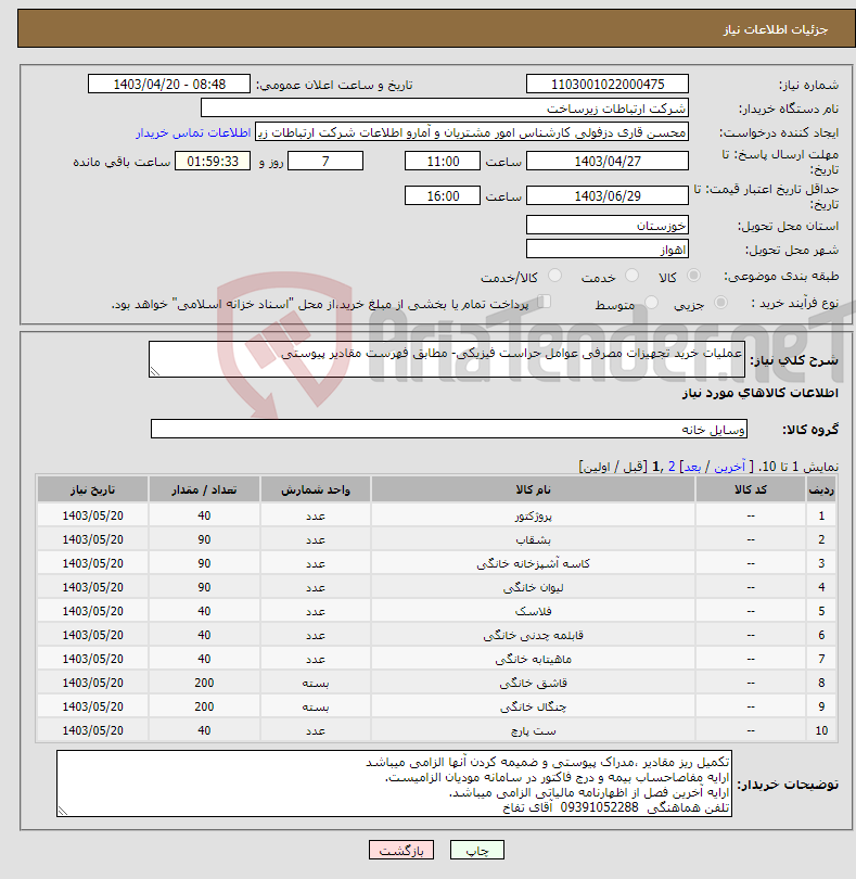 تصویر کوچک آگهی نیاز انتخاب تامین کننده-عملیات خرید تجهیزات مصرفی عوامل حراست فیزیکی- مطابق فهرست مقادیر پیوستی