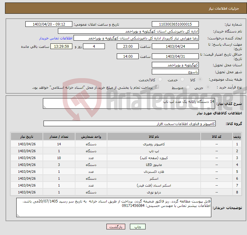 تصویر کوچک آگهی نیاز انتخاب تامین کننده-14 دستگاه رایانه یک عدد لپ تاپ