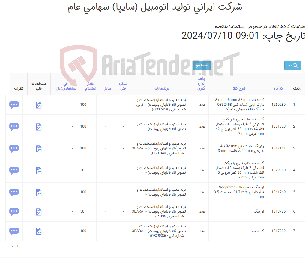 تصویر کوچک آگهی تامین هفت ردیف پکینگ ، اورینگ و کاسه نمد