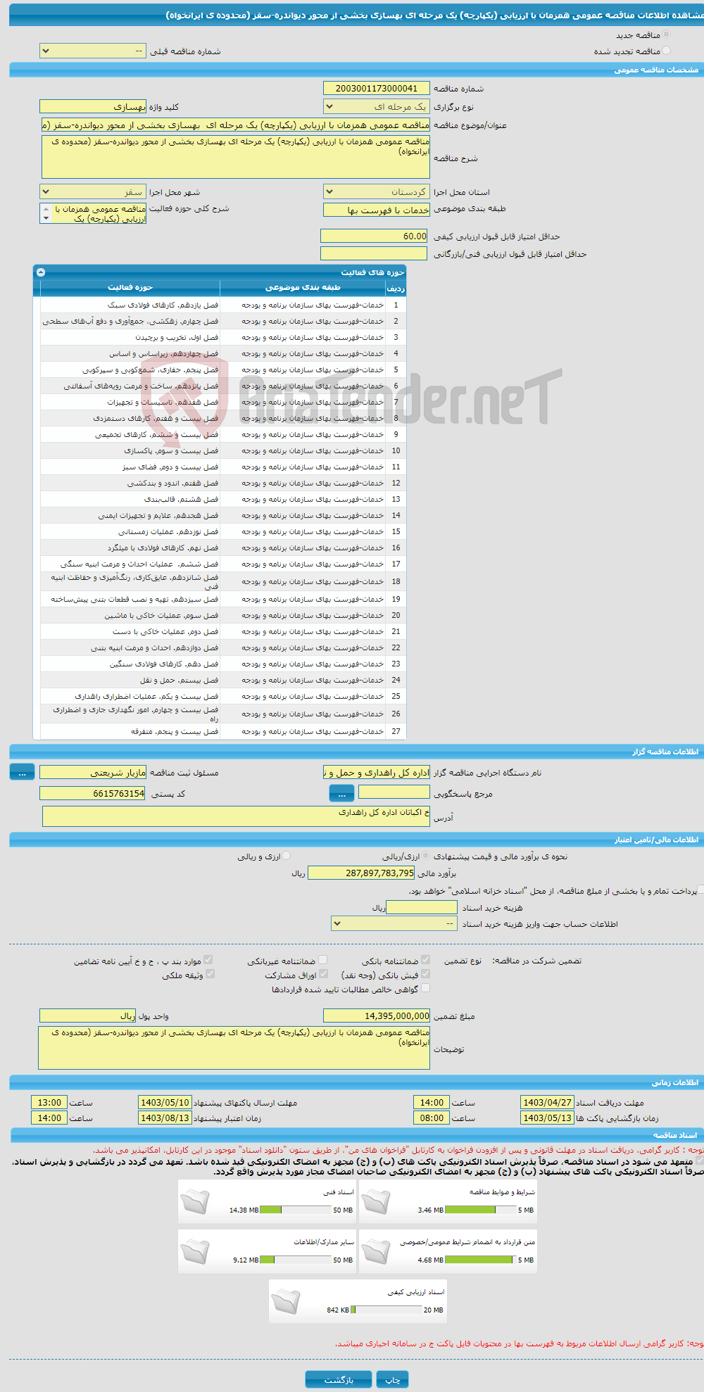 تصویر کوچک آگهی مناقصه عمومی همزمان با ارزیابی (یکپارچه) یک مرحله ای بهسازی بخشی از محور دیواندره-سقز (محدوده ی ایرانخواه)