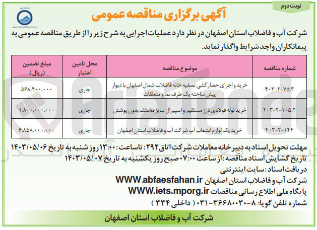 تصویر کوچک آگهی خرید و اجرای حصارکشی تصفیه خانه فاضلاب شمال اصفهان با دیوار پیش ساخته یک طرف نما و متعلقات 