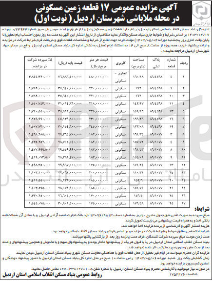 تصویر کوچک آگهی واگذاری 17 قطعه زمین مسکونی در محله ملاباشی