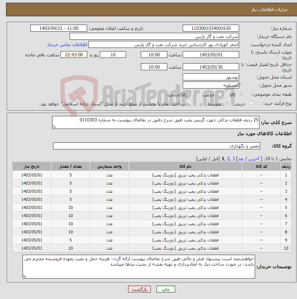 تصویر کوچک آگهی نیاز انتخاب تامین کننده-25 ردیف قطعات یدکی جهت گریس پمپ طبق شرح دقیق در تقاضای پیوست به شماره 0110303