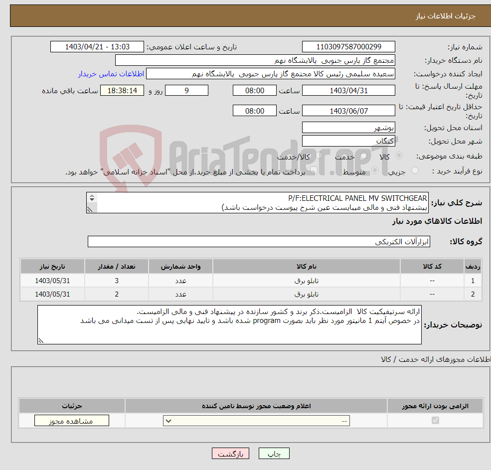 تصویر کوچک آگهی نیاز انتخاب تامین کننده-P/F:ELECTRICAL PANEL MV SWITCHGEAR پیشنهاد فنی و مالی میبایست عین شرح پیوست درخواست باشد) (جهت اطلاعات تکمیلی فایل های پیوست را مطالعه فرمایید)