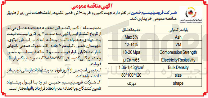 تصویر کوچک آگهی تامین و خرید 100 تن خمیر الکترود با پارامتر کنترلی :
ASH
VM
COMPRESSION STRENGTH
ELECTRICITY RESISTIVITY
BULK DENSITY
SIZE
SHAPE